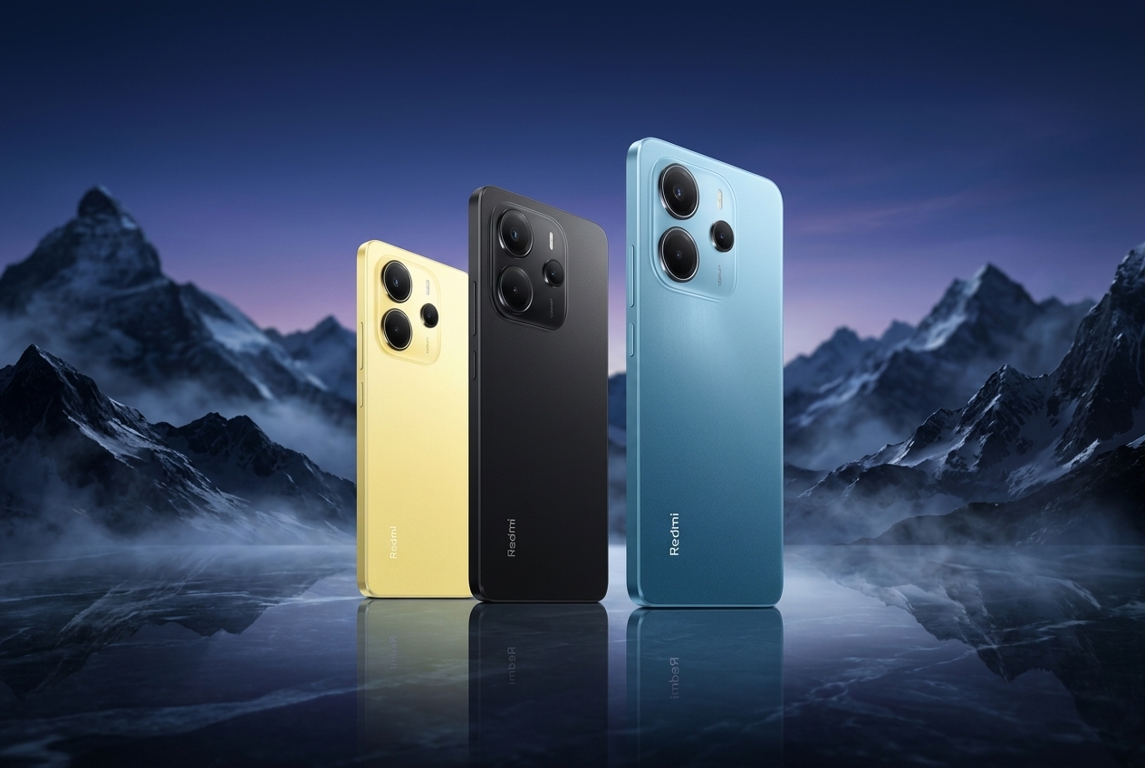 Trois smartphones Redmi de couleurs jaune, noir et bleu disposés devant un paysage de montagnes enneigées.