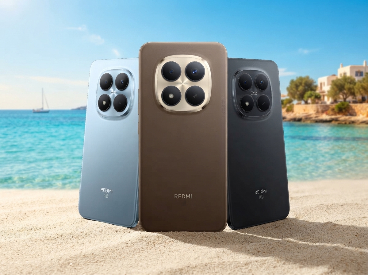 Trois smartphones Redmi de couleurs différentes posés sur une plage avec la mer en arrière-plan.