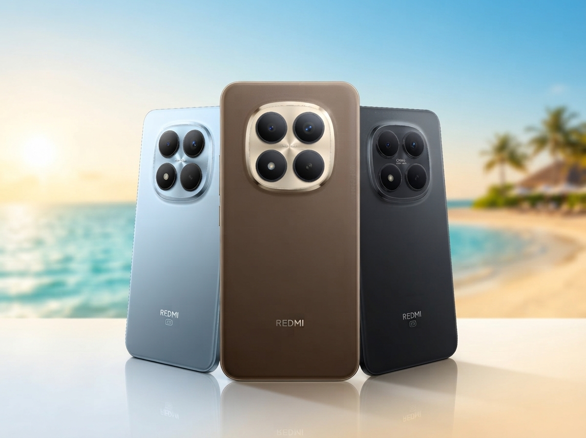 Trois smartphones Redmi de couleurs différentes sur un fond de plage.