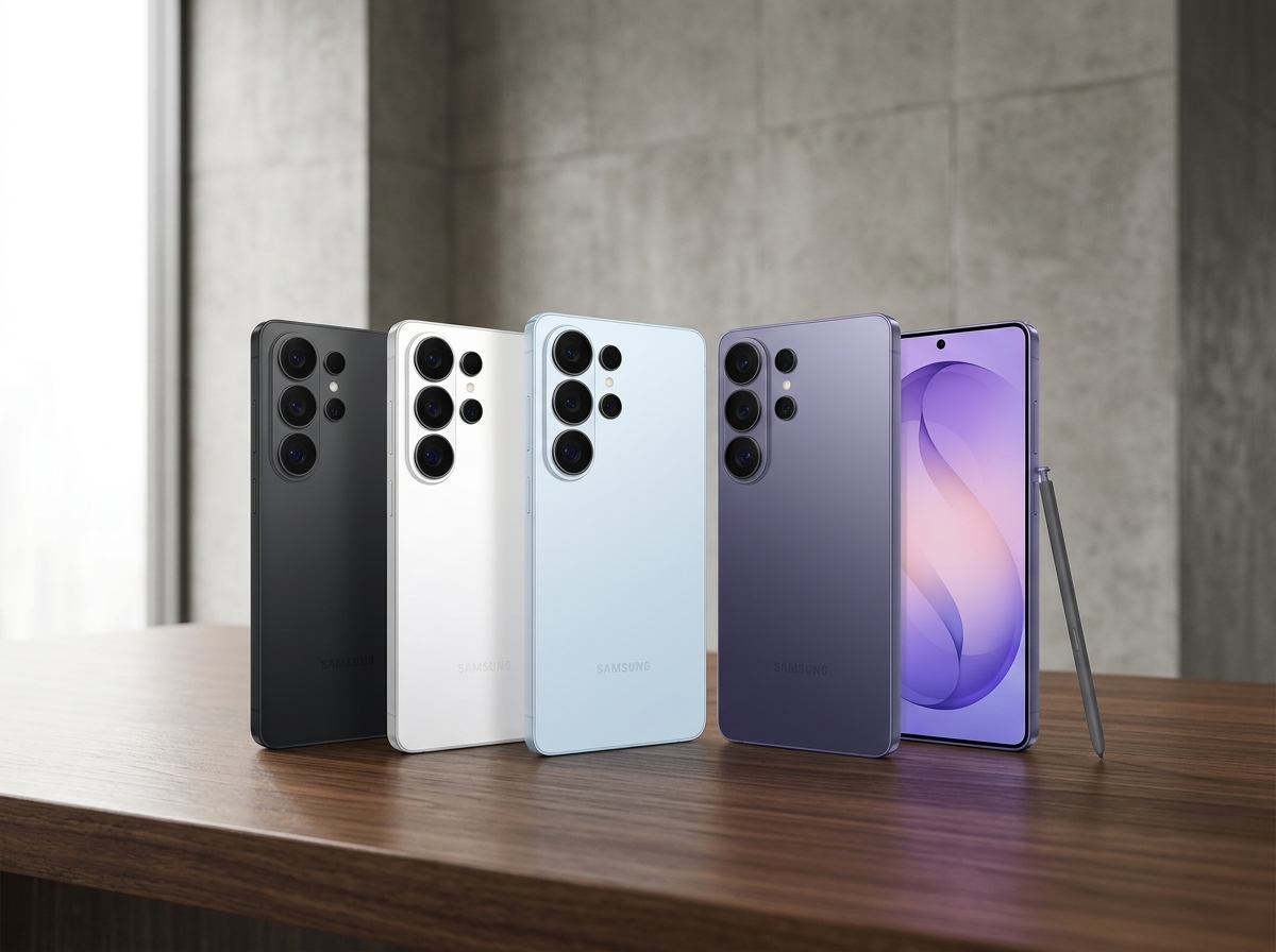 Quatre smartphones Samsung de couleurs différentes alignés sur une table en bois devant un mur en béton.