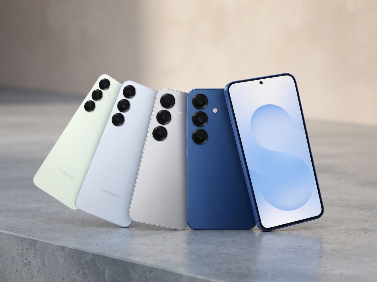 Quatre smartphones Samsung de couleurs différentes alignés sur une surface plane.