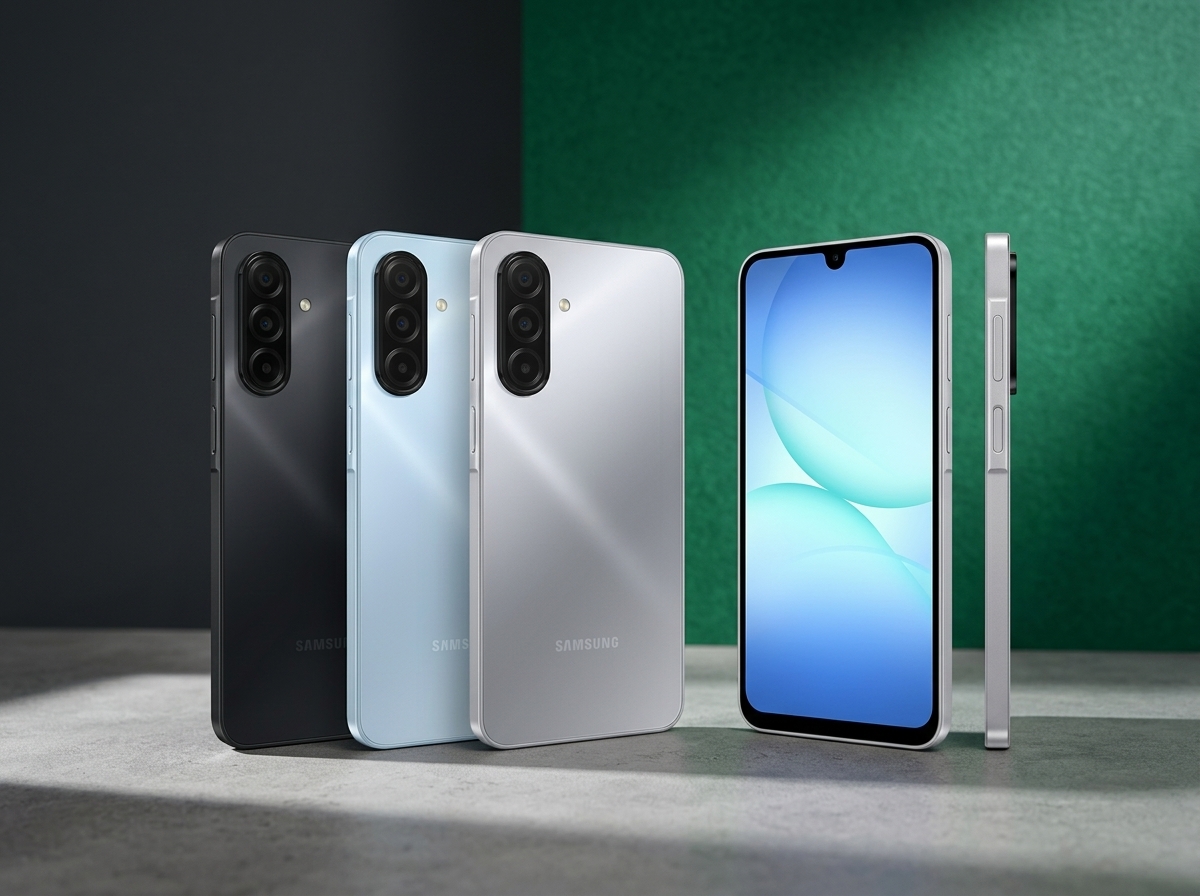 Trois smartphones Samsung de couleurs différentes et un écran de face sur une surface grise, éclairage studio.