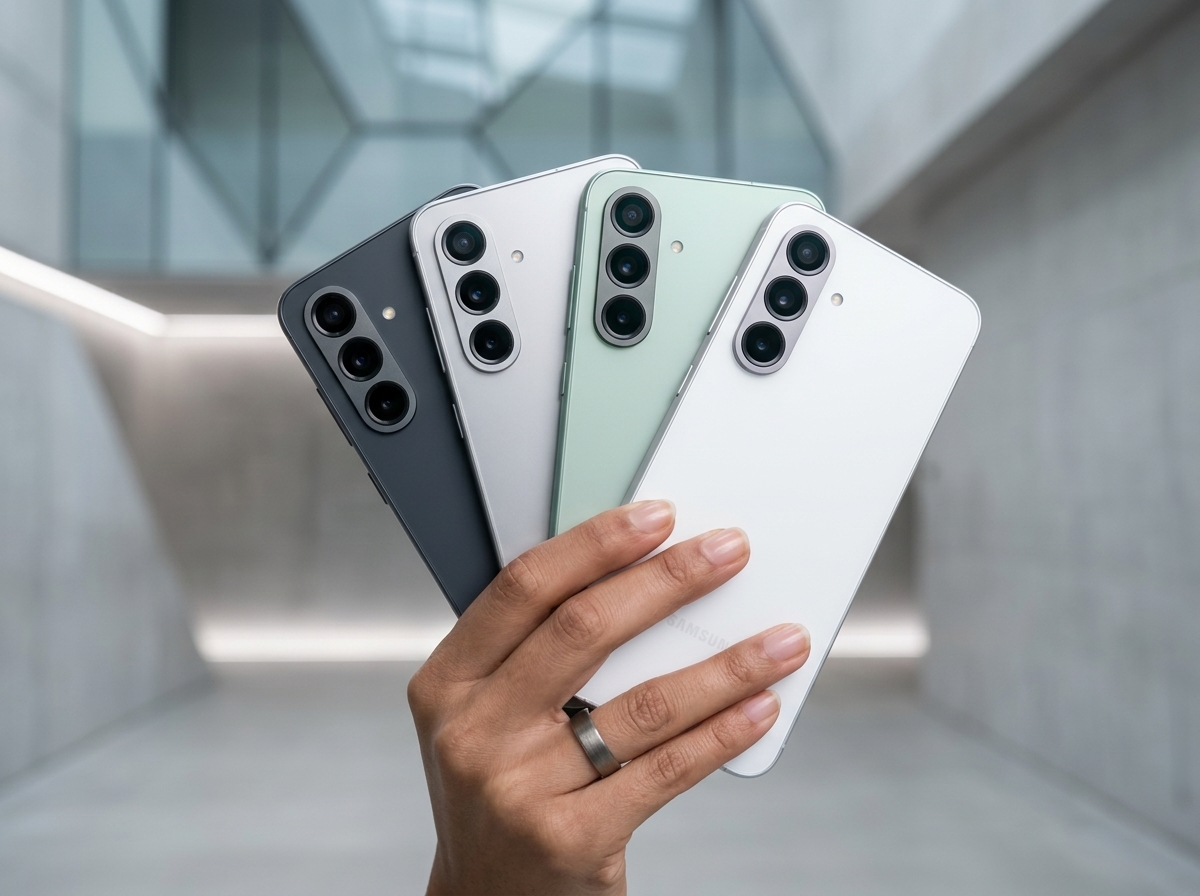 Main tenant quatre smartphones Samsung de couleurs différentes sur un fond architectural moderne.
