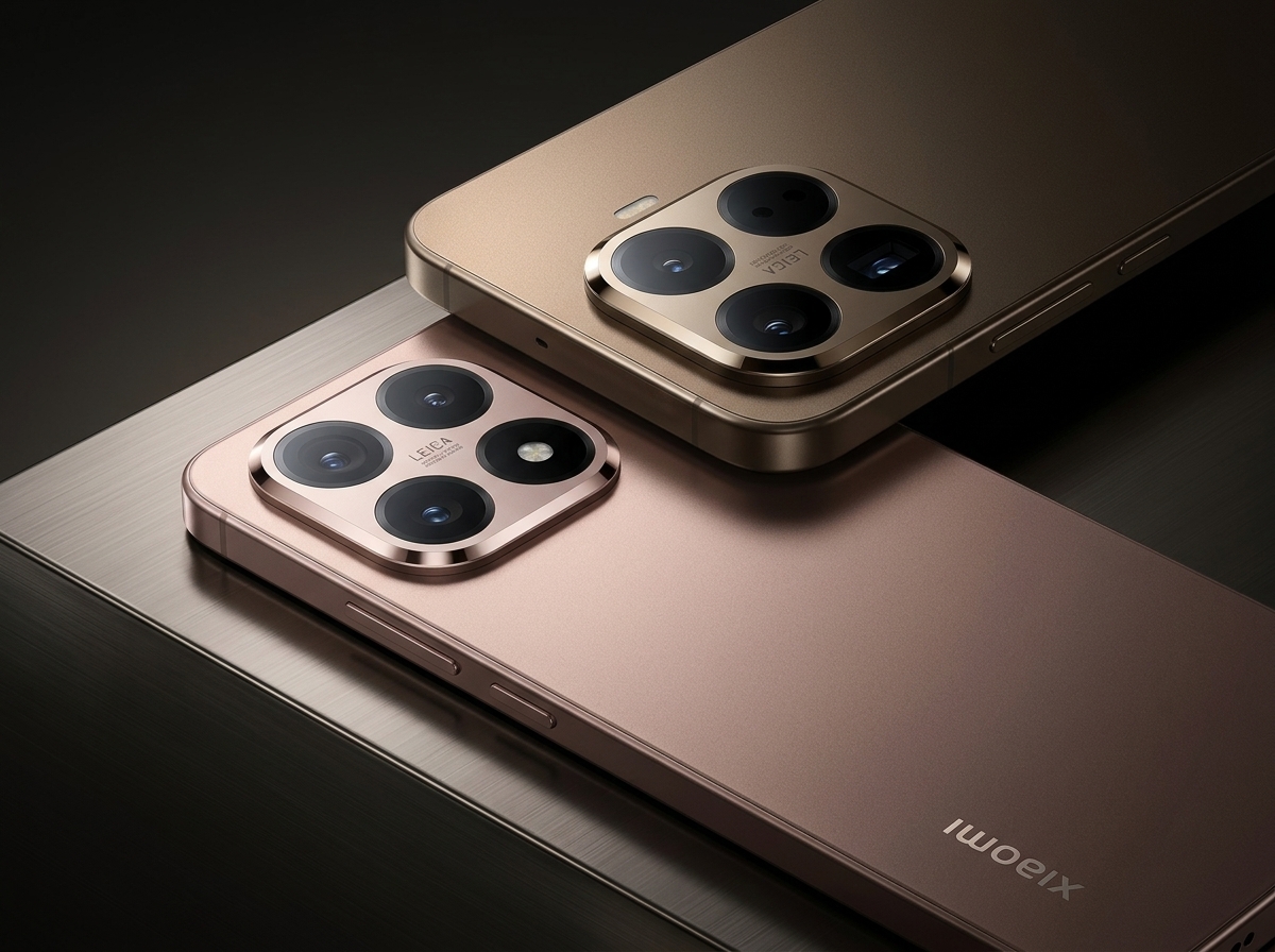 Deux smartphones Xiaomi avec module photo Leica posés sur une surface métallique.