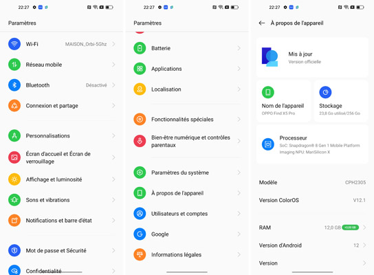 Suite de l'interface de l'Oppo Find X5 Pro