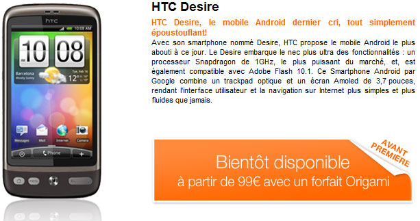Le HTC Desire chez Orange à 99 €