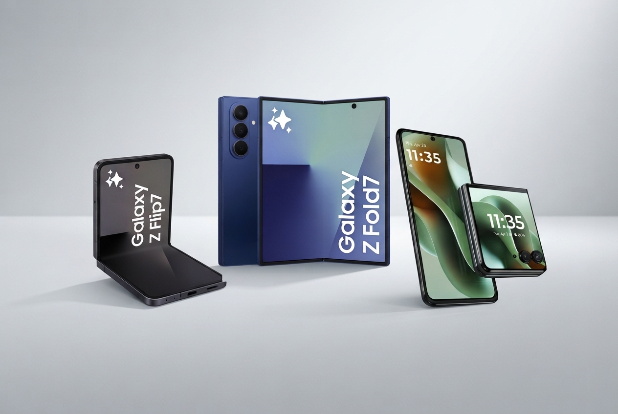 Trois smartphones posés côte à côte sur une surface plane.