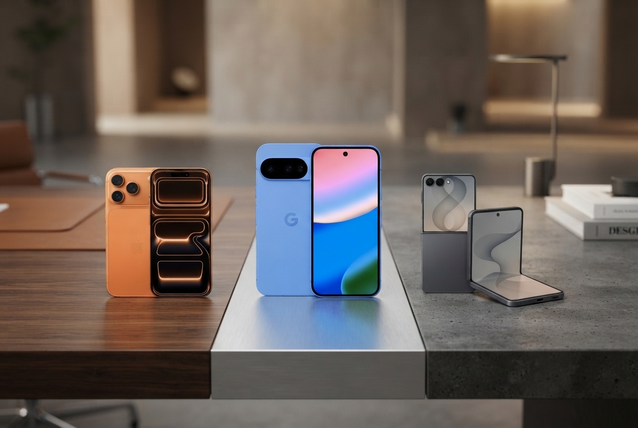 Trois smartphones alignés sur un fond uni.