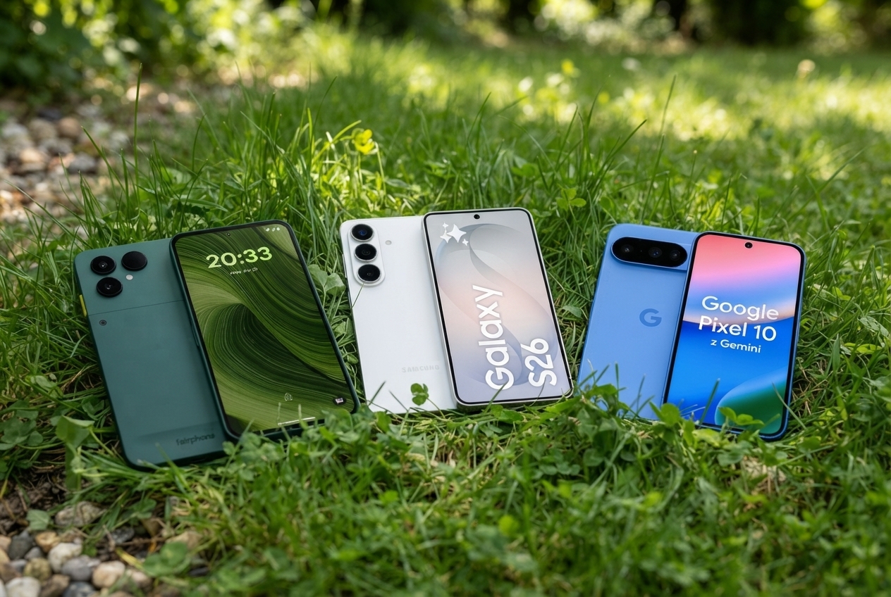 Trois smartphones posés sur de l'herbe.