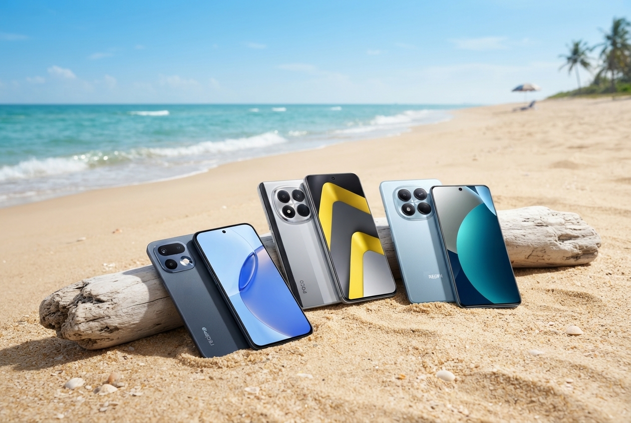 Trois smartphones posés sur le sable d'une plage.