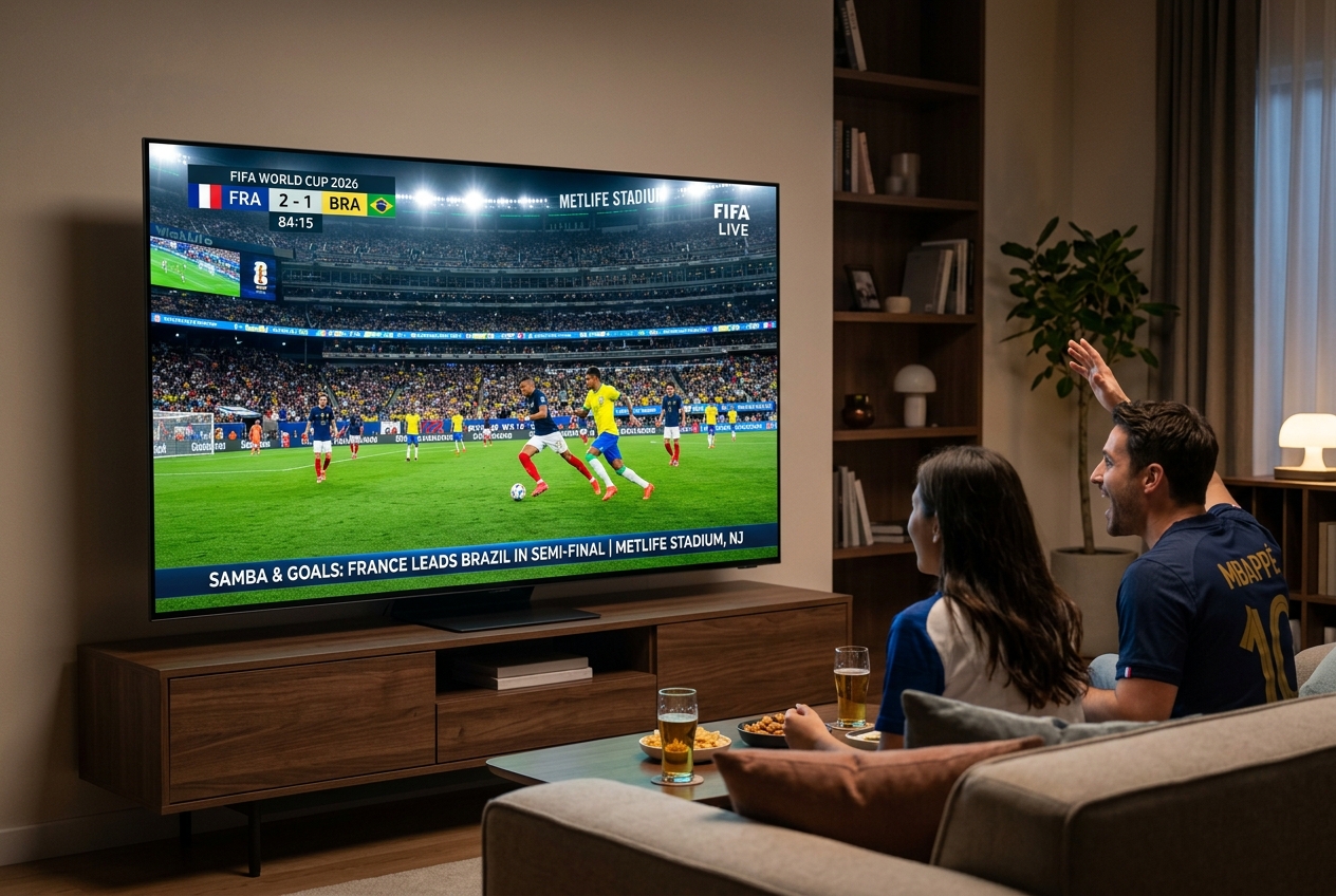 Téléviseur Samsung OLED 77 pouces affichant un match de football de la Coupe du monde 2026.