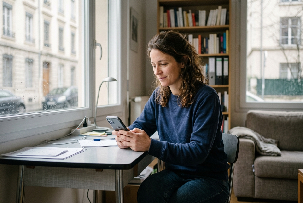 Une personne utilise son smartphone dans un intérieur contemporain.