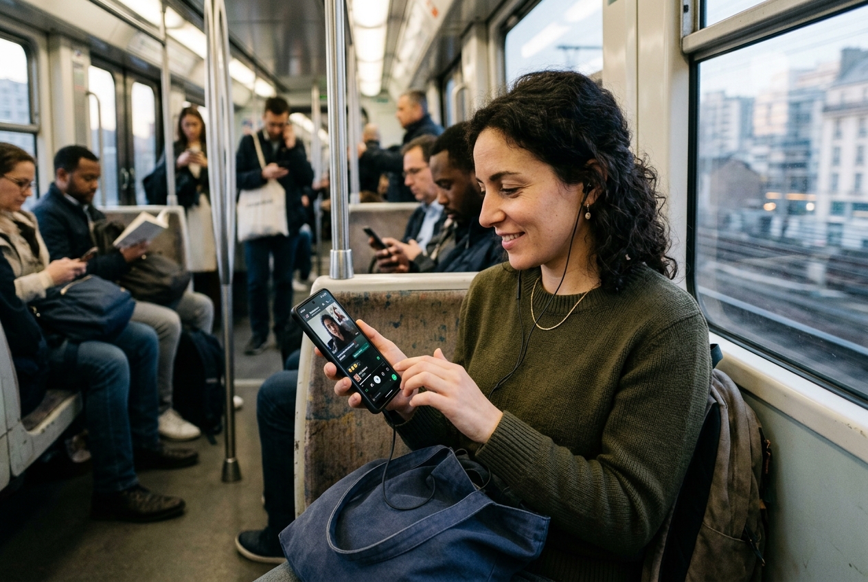 Personne d'une trentaine d'années utilisant un smartphone dans un transport en commun urbain.