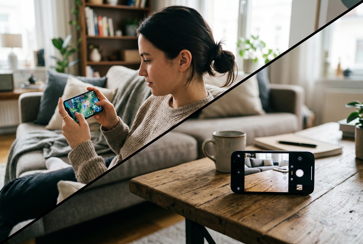 Deux smartphones sur une table : l'un est utilisé pour un jeu vidéo, l'autre montre son module photo.