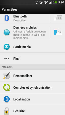 HTC One : paramètres