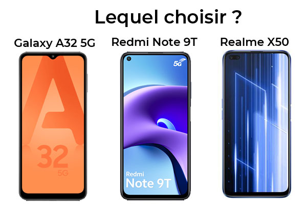  Comparatif de smartphones 5G à petit prix : Samsung Galaxy A32, Xiaomi Redmi Note 9T et realme X50 5G