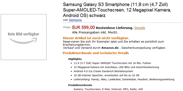 Le Samsung Galaxy S3 apparaît sur Amazon