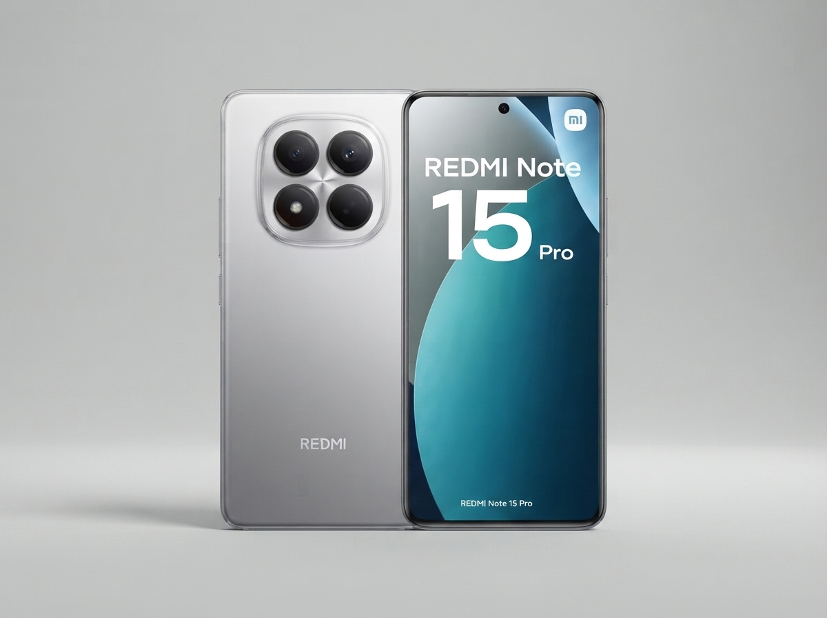 Smartphone Xiaomi Redmi Note 15 Pro vu de face et de dos sur fond gris.
