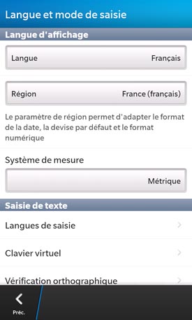 BlackBerry Z10 : langue et mode de saisie