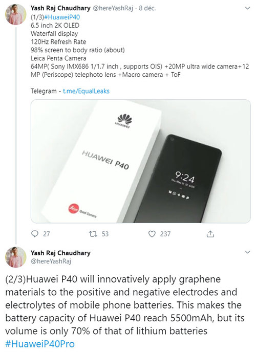 Le Huawei P40 Pro proposerait un écran 120 Hz et une batterie de 5500 mAh au graphène